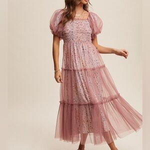 Floral Tulle Mesh Flowy Maxi Dress | Garden Party Cottagecore Wedding Guest